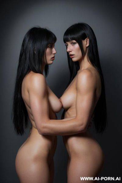 Two naked women in an erotic wrestling, with ring background - ai-porn.ai on pornsimulated.com