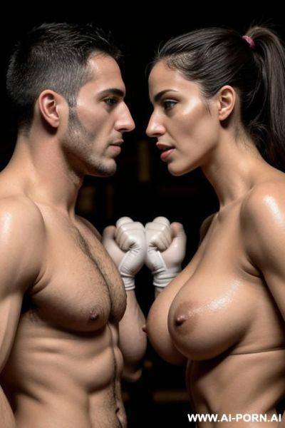 Sexy woman portuguese 20 years old nude shave vagina boxing gloves gym woman busty breasts muscular body fit thighs, face to face, ugly 30 years old man, side view - ai-porn.ai - Portugal on pornsimulated.com