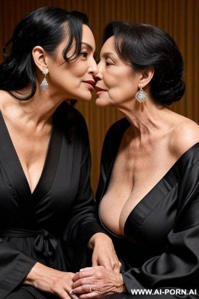 Make older woman taller, their tits touch each other, they are looking in each other’s eyes, they are more like lovers, black hair, both wearing wide open robes, nice earrings, - ai-porn.ai on pornsimulated.com