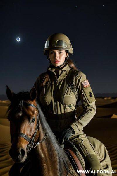 Military jumpsuit, riding mare in the dark desert at night, military helmet, military gear - ai-porn.ai on pornsimulated.com