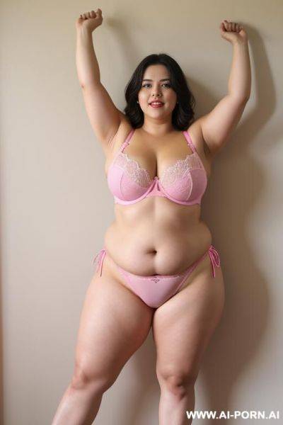 Chubby woman, full body, standing, wearing pink bra, legs open, yellow thong, hands up, risort - ai-porn.ai on pornsimulated.com