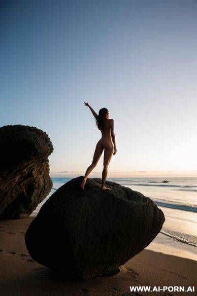 Beach, night, totally naked, barefoot, stand on boulder, spread wide, low angle shot - ai-porn.ai on pornsimulated.com