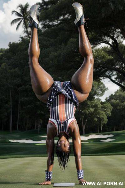 Ebony wet damaged thick woman, naked wet naturally wet body and thighs. doing a scorpion up-side-down handstand, a handstand with arched back and legs. - ai-porn.ai on pornsimulated.com