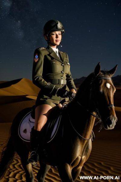 Military uniform, riding mare in the dark desert at night - ai-porn.ai on pornsimulated.com