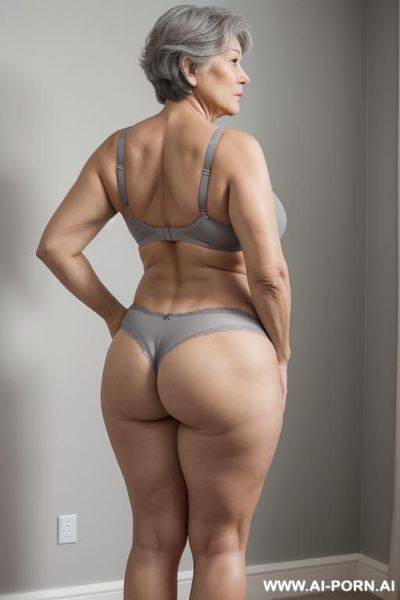 Back view, 5-year-old grandmother, short gray hair, very visible age marks, full body, standing, large natural breasts, triangle hips, thick thighs, wide legs, hands on hips, wearing gray thong and bra - ai-porn.ai on pornsimulated.com