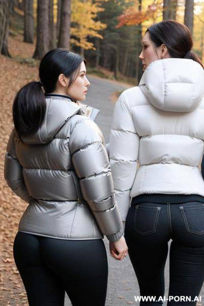 Suburban moms, hiking, ((wearing thick puffer jackets)) - ai-porn.ai on pornsimulated.com