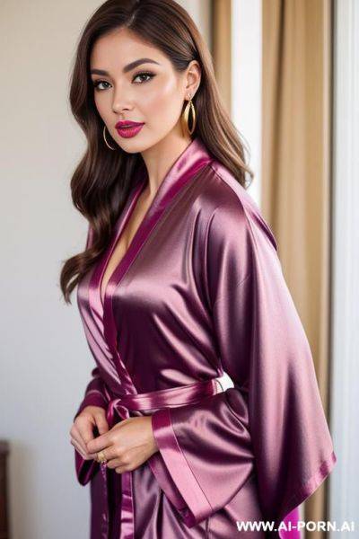 Women, brown eyes, brown hair. pink lipstick.dressed in blue satin kimono robe with gold hoop earrings - ai-porn.ai on pornsimulated.com