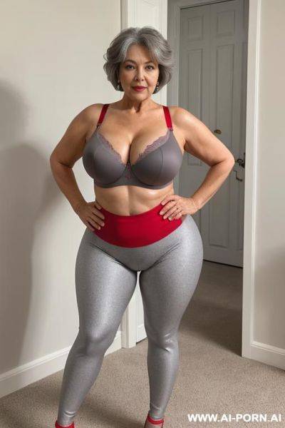 5 year old grandmother, short gray hair, clearly visible age marks, full body, standing, large natural breasts, triangular hips, thick thighs, wide legs, hands on hips, wearing red leggings and bra - ai-porn.ai on pornsimulated.com