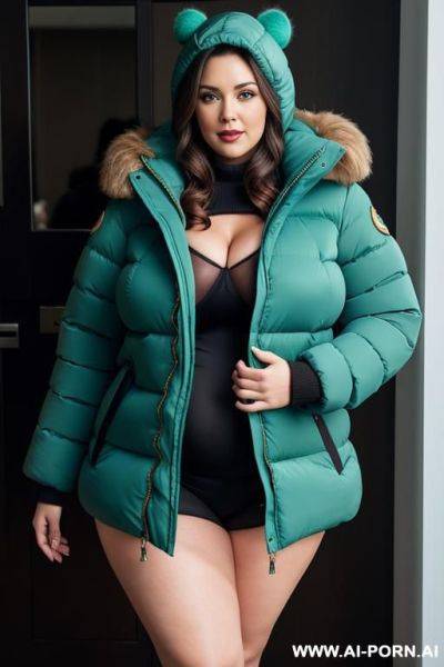 Chubby woman, dark brown hair, full body, standing, breasts, triangle hips, thick thighs, legs open, hands on waist, wearing blue puffer jacket and green puffer coat with fur hood - ai-porn.ai on pornsimulated.com