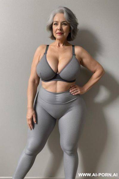 5-year-old grandmother, short gray hair, very visible age marks, full body, standing, large natural breasts, triangle hips, thick thighs, wide legs, hands on hips, wearing gray leggings and bra - ai-porn.ai on pornsimulated.com