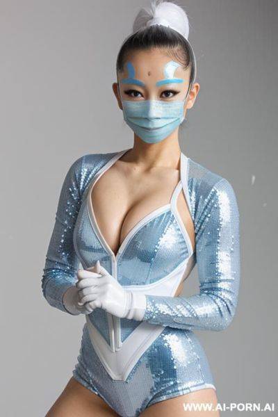 (((white and powder blue))) latex sleeve gymnast sequin, asian, mask - ai-porn.ai on pornsimulated.com