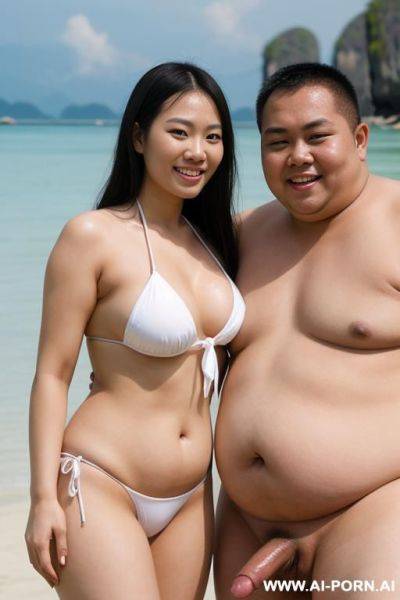 Show beautiful​ nipples, ​naked, realistic face, random​ pose, random​ background, full body​ view, blowjob, sucking​ cock, oral sex, a beautiful thai​, wearing a white side-tie bikini standing on a - ai-porn.ai - Thailand on pornsimulated.com