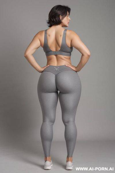 Back view, 5-year-old grandmother, short gray hair, very visible age marks, full body, standing, large natural breasts, triangle hips, thick thighs, wide legs, hands on hips, wearing gray leggings and bra, legs open - ai-porn.ai on pornsimulated.com