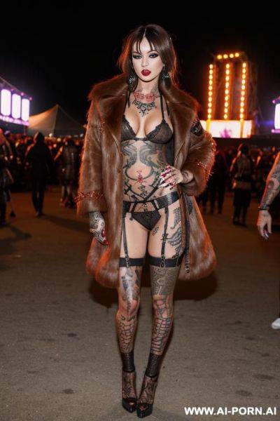 Full body shot of brown haired succubus in a short brown fur coat in a music festival - ai-porn.ai on pornsimulated.com