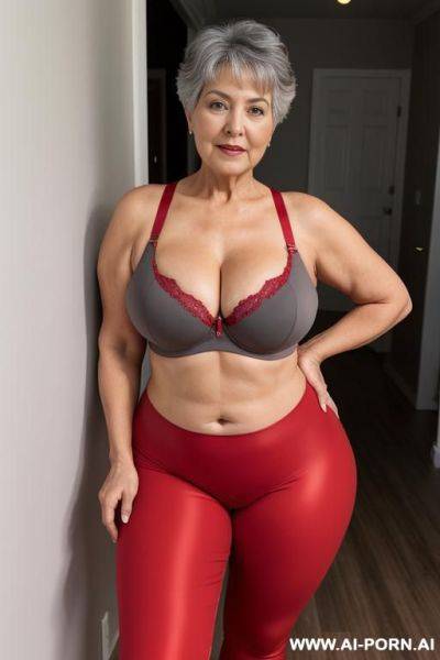 0 year old grandmother, short gray hair, clearly visible age marks, full body, standing, large natural breasts, triangular hips, thick thighs, wide legs, hands on hips, wearing red leggings and bra - ai-porn.ai on pornsimulated.com