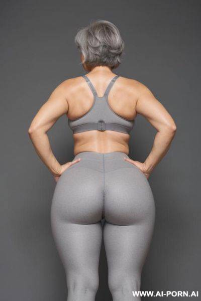 Back view, 5-year-old grandmother, short gray hair, very visible age marks, full body, standing, large natural breasts, triangle hips, thick thighs, wide legs, hands on hips, wearing gray leggings and bra - ai-porn.ai on pornsimulated.com