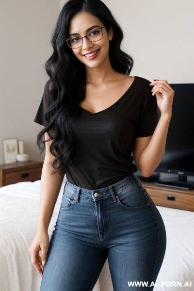 Woman, early 20s, long curly black hair, smiling, glasses, prominent nose, big brown eyes, black tshirt, jeans, standing, bedroom - ai-porn.ai on pornsimulated.com