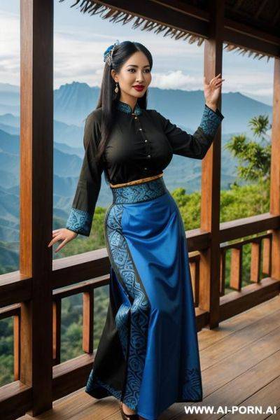 ((olive skin indonesian, sunda ethnicity)) ((traditional long sleeves black shirt, long skirt with blue batik pattern, sunda outfit)) ((huge massive perky boobs)) ((looking at viewer)) ((mountain - ai-porn.ai - Indonesia on pornsimulated.com