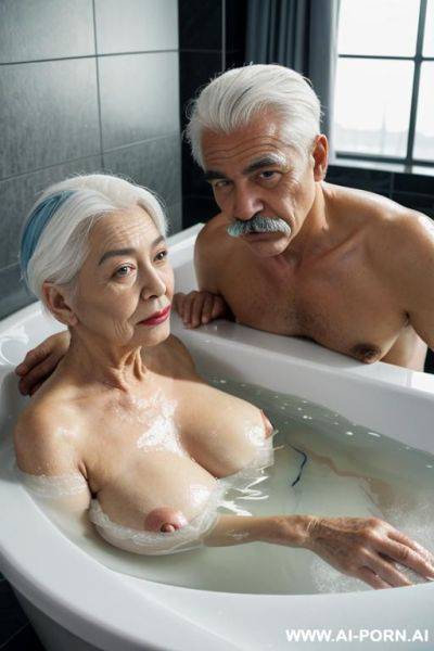 A french old man in his 0s with white hair, a moustache and blue eyes is taking a bath in a luxury bathtub in a hotel suite with a plump, dark-haired vietnamese woman and a russian woman. - ai-porn.ai - Russia - France - Vietnam on pornsimulated.com