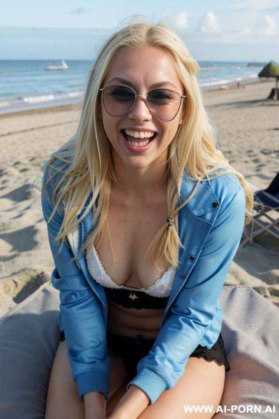 Laying on the back, blue circular sunglasses, big teeth, open mouth, - ai-porn.ai on pornsimulated.com