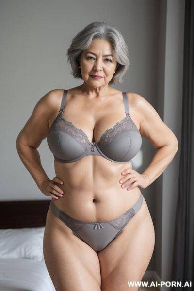 5-year-old grandmother, short gray hair, very visible age marks, full body, standing, large natural breasts, triangle hips, thick thighs, wide legs, hands on hips, wearing gray thong and bra - ai-porn.ai on pornsimulated.com