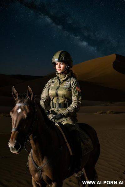 Military jumpsuit, riding mare in the dark desert at night, militar helmet, military gear - ai-porn.ai on pornsimulated.com