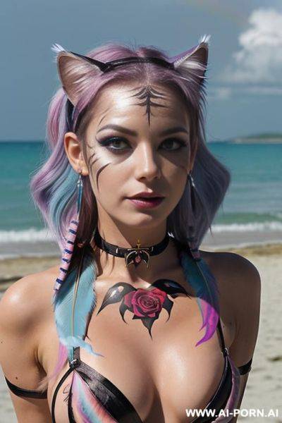 Face, sexy, beautiful, ((evil woman)), ((face painting)), ((body painting)), ((bikini as seashell)), ((fantasy bikini)), ((roses)), ((eyes shw)), ((angel wings)), ((choker)), ((rainbow hair)), (( makeup)), - ai-porn.ai on pornsimulated.com