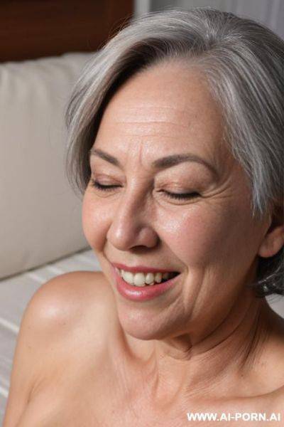 Face of an 0-year-old grandmother, short gray hair, age spots clearly visible, smiling, face covered in cumshot, cumshot coming out of her mouth, cumshot covering her eyes - ai-porn.ai on pornsimulated.com