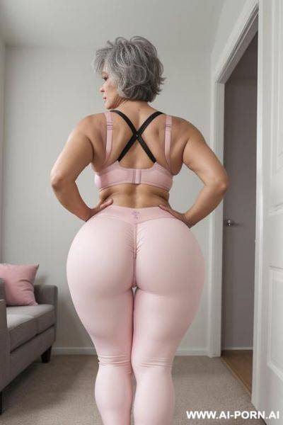 Rear view, 0-year-old grandmother, short gray hair, full body, standing, age marks clearly visible, big ass, big breasts, triangle hips, thick thighs, wearing pink leggings and bra, hands on waist - ai-porn.ai on pornsimulated.com