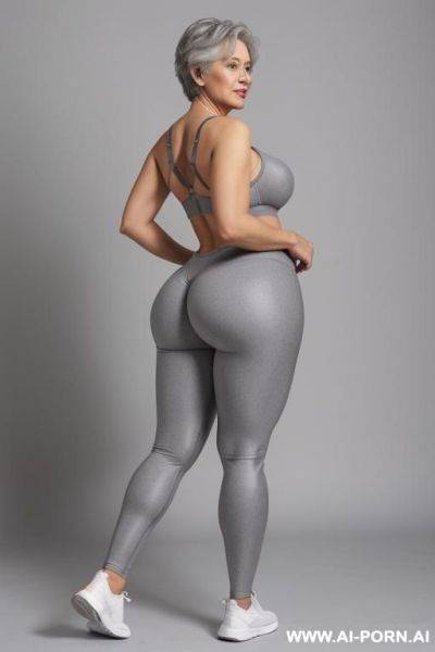 Rear view, 0-year-old grandmother, short gray hair, full body, standing, age marks clearly visible, big ass, big breasts, triangle hips, thick thighs, wearing gray leggings and bra - ai-porn.ai on pornsimulated.com