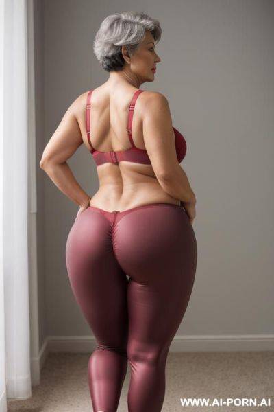 Rear view, 0-year-old grandmother, short gray hair, full body, standing, age marks clearly visible, big ass, big breasts, triangle hips, thick thighs, wearing red leggings and bra, hands on waist - ai-porn.ai on pornsimulated.com