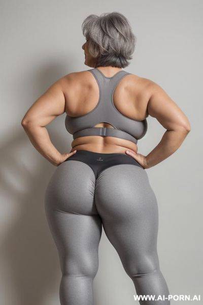 Back view, 5-year-old grandmother, short gray hair, very visible age marks, full body, standing, large natural breasts, triangle hips, thick thighs, wide legs, hands on hips, wearing gray leggings and bra, legal open - ai-porn.ai on pornsimulated.com