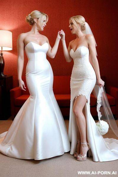 Two blonde lesbian brides in wedding dress and elegant high heels kissing each other and fuck pussy each other - ai-porn.ai on pornsimulated.com