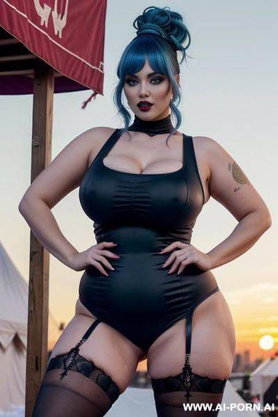 Chubby gothic pornstar with massive tits and pretty round face, large areolas, ((voluptuous)), nude, stockings, rock tattoos, goth attributes, (((lots of cum))), orgasm, (((new year winter city at sunset))), (((creative rock hairstyle))) - ai-porn.ai on pornsimulated.com