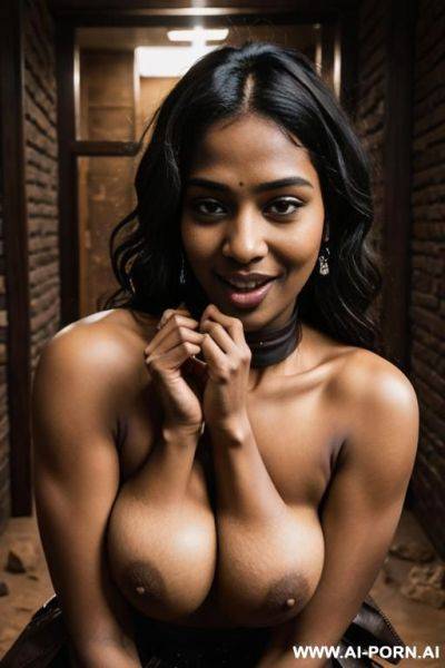 Ultra realistic, beautiful woman, barbarian, bending over, naked breasts, topless, armor, shoulder armor, leather skirt, messy hair, braided hair, desert, seductive face, black skin, choker - ai-porn.ai on pornsimulated.com