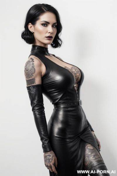 ((beautiful face, sexy woman, beautiful woman with athletic body, athletic build, ffitness figure, gorgeous figure, wide hips, natural breasts , expressive thick black eyebrows, black lipstick, gothic - ai-porn.ai on pornsimulated.com