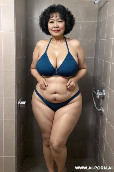 0-year-old grandmother, very visible age features, full body, standing, short gray hair, large natural breasts, triangle hips, thick thighs, naked, shower in the bathroom - ai-porn.ai on pornsimulated.com