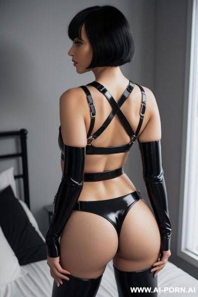 Girl in handcuffs, hands behind back in handcuffs, black leggings, black tights, old hair, bob haircut, nice ass, , rear view, gray eyes, hands in metal handcuffs, rear view in handcuffs, in bedroom. - ai-porn.ai on pornsimulated.com