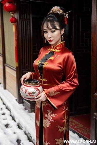 Chinese traditional clog, silk, winter clothes, palace, beautiful face, perfect body, big eyes, big breasts, chinese, detail, seductive, rich lady - ai-porn.ai - China on pornsimulated.com