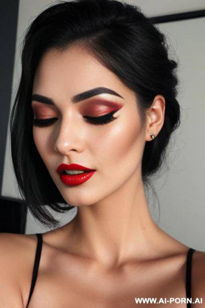 Heavy makeup, redlips, open mouth, closed eyes, long eyelashes - ai-porn.ai on pornsimulated.com