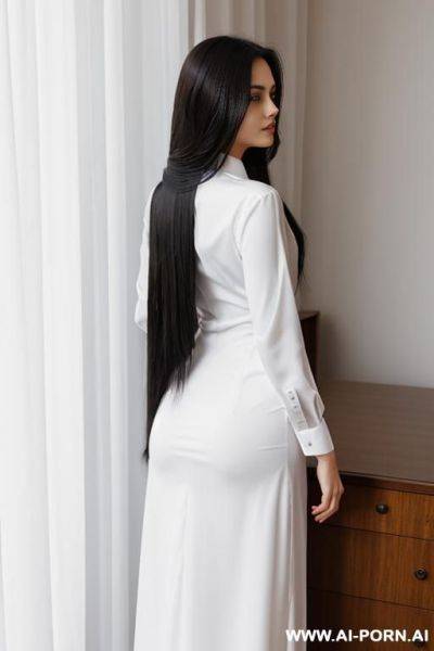 Long hair, straight hair, formal white shirt, formal dress, from behind - ai-porn.ai on pornsimulated.com