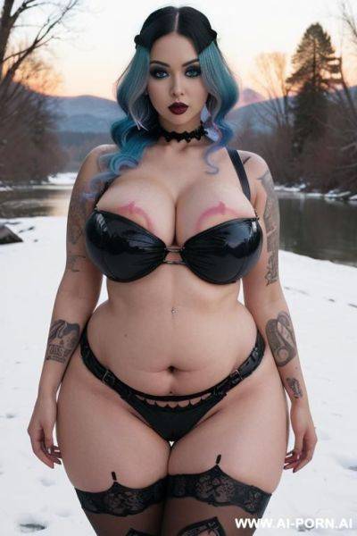 Beautiful gothic bbw, pretty bbw face, big round ass, (((extremely big hips))), massive tits, gigantic areolas, (((lots of cum on body))), stockings, ((nude)), flashing tits, gothic accessories, - ai-porn.ai on pornsimulated.com