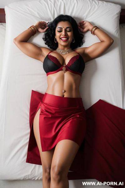 Indian woman, 30 years, black hair, short curly hair, fit, muscles, natural boobs, red bra, red skirt, navel piercing, laying on bed, hands raised, orgasm, smile, open mouth, eyes closed, view from above, full body shot, crystal anklet, heels - ai-porn.ai - India on pornsimulated.com