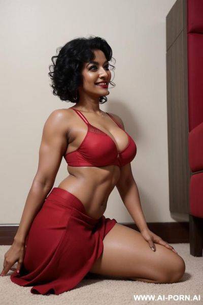 Indian woman, 30 years, black hair, short curly hair, fit, muscles, natural boobs, red bra, red skirt, navel piercing, on all fours, seductive smile, looking at camera, side view, full body shot, heels - ai-porn.ai - India on pornsimulated.com