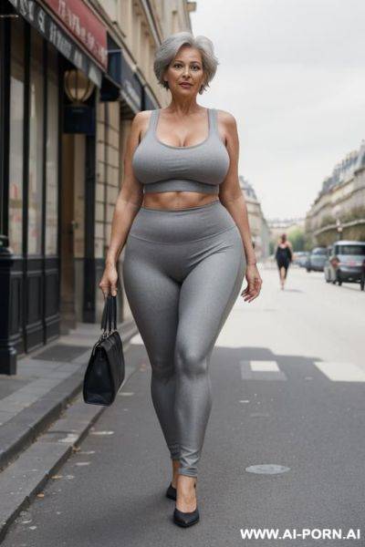 0-year-old grandmother, short gray hair, full body, standing, visible age marks, large breasts, triangle hips, thick thighs, wearing gray leggings and a short tank top, walking through the streets of paris, france - ai-porn.ai - France on pornsimulated.com