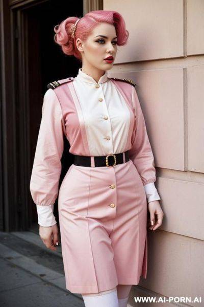 Sad women with pink hair and tails in a very loose vintage uniform - ai-porn.ai on pornsimulated.com