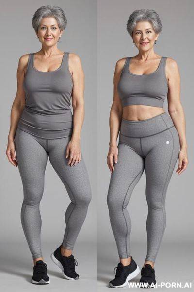 0-year-old grandmother, full body, standing, short gray hair, visible age marks, wearing gray leggings and a short tank top, hands on her waist - ai-porn.ai on pornsimulated.com