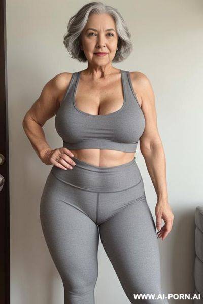 0 year old grandmother, full body, standing, short gray hair, very visible age marks, large natural breasts, triangle hips, thick thighs, wearing gray leggings and a short tank top, hands on her waist - ai-porn.ai on pornsimulated.com