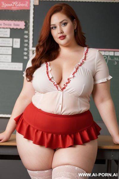 Close up full body photo shot, about at classroom, chubby fat bbw curvy teacher, wearing a sexy and hot micro red ruffle skirt and elegant top, teaching to the classroom. - ai-porn.ai on pornsimulated.com