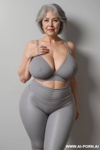 0 year old grandmother, full body, standing, short gray hair, very visible age marks, large natural breasts, triangle hips, thick thighs, wearing gray leggings, topless, hands on her waist - ai-porn.ai on pornsimulated.com